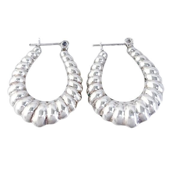 Estate Sterling Silver 925 Ribbed Teardrop Creole Hoop Earrings - Picture 3 of 6